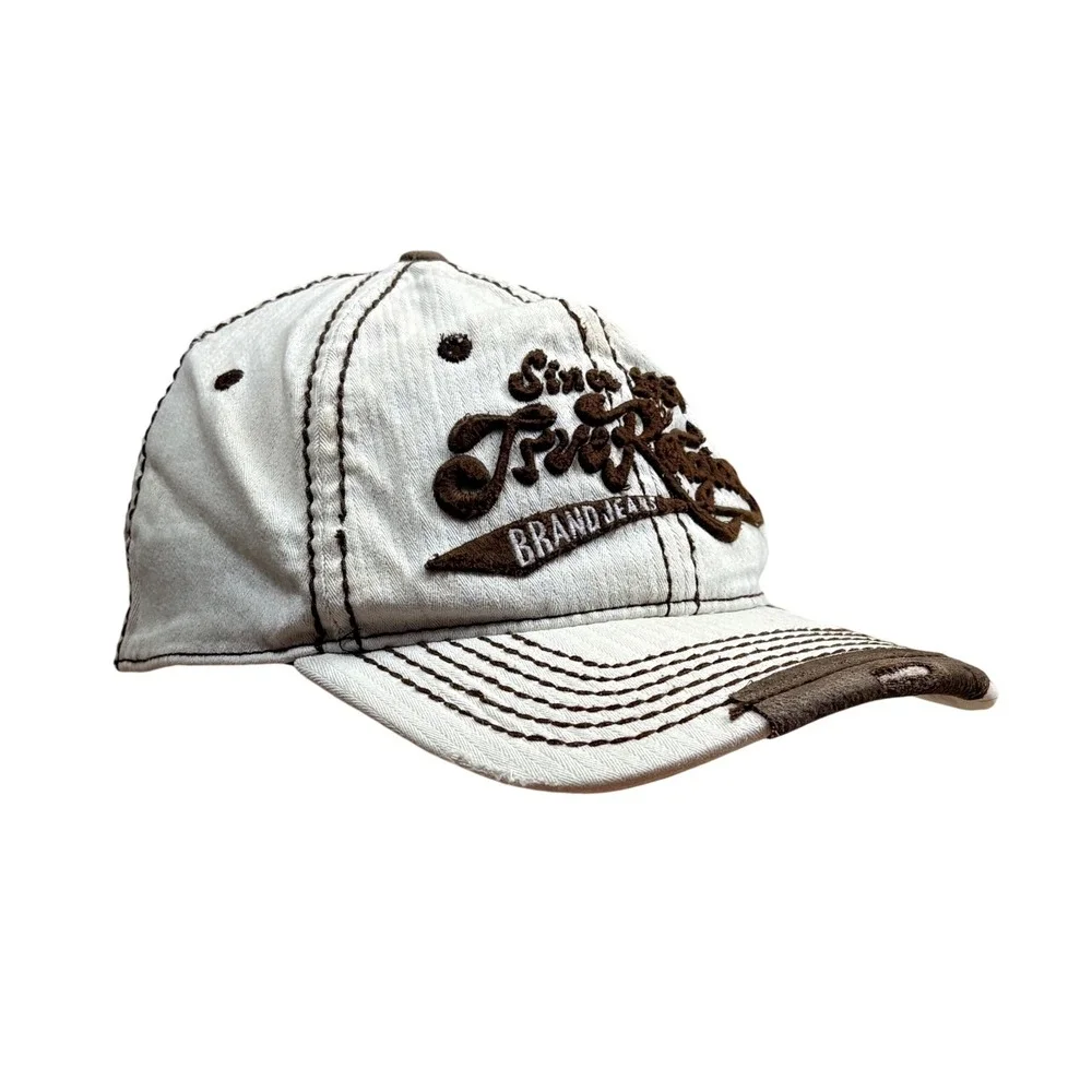 True‎ Religion Buddha Y2K Cream Hip Hop Contrast Stitch A-Flex Distressed Hat OS